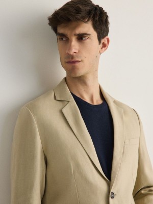 Beige Men's Reserved Slim Fit Linen Suits | 08234WFVT