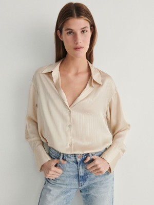 Beige Women's Reserved Metallic Stripes Shirts | 06582ZCGN