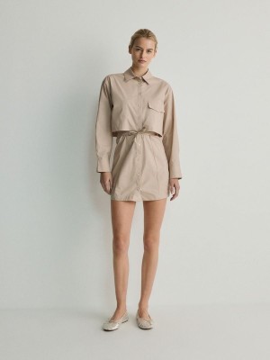 Beige Women's Reserved Minitie Detail Dress | 14250CKZX