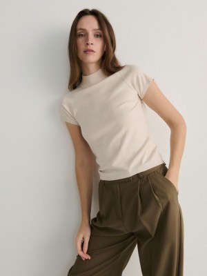 Beige Women's Reserved Mock Neck Shirts | 60397QAUT