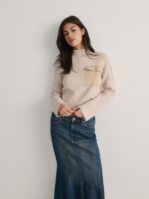 Beige Women's Reserved Mock Neck Sweaters | 46910VTFM