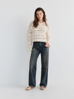 Beige Women's Reserved Openwork Knit Sweaters | 24071ZSMI