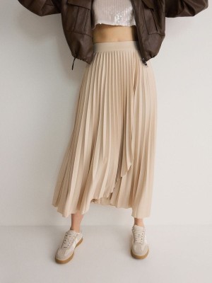 Beige Women's Reserved Pleated Midi Skirts | 05284AXDW