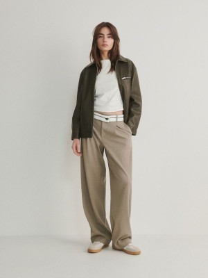 Beige Women's Reserved Wide Legcontrasting Waistband Trousers | 42196JINA