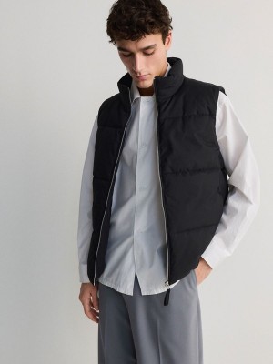 Black Men's Reserved Quiltedstand Up Collar Vests | 52703YWVS