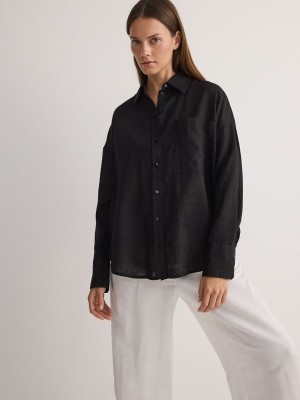 Black Women's Reserved Linen Shirts | 13489IOJV