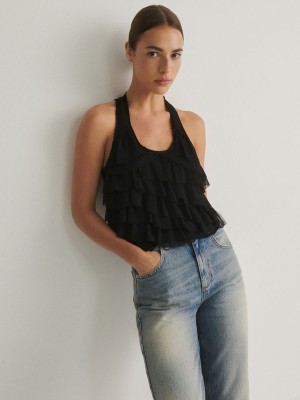 Black Women's Reserved Ruffle Top T-shirts | 68375ZPCG