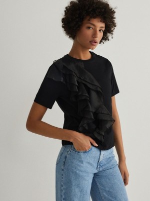 Black Women's Reserved T-decorative Ruffle Detail Shirts | 14805ADOX