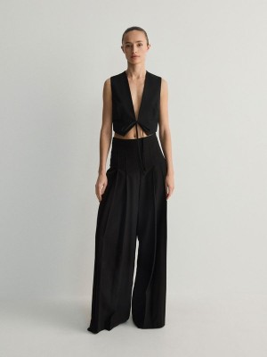 Black Women's Reserved Viscose Rich Wide Leg High Waist Trousers | 85340YDQP