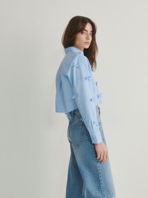 Blue Women's Reserved Bow Details Shirts | 34901YBXP