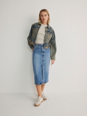 Blue Women's Reserved Denim Midi Skirts | 74610YCPK