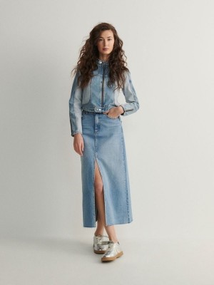 Blue Women's Reserved Denim Midi Skirts | 26874DQFX