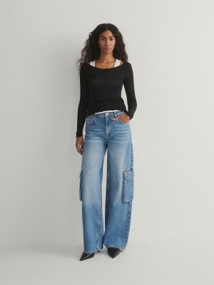 Blue Women's Reserved Wide Legcargo Pockets Jeans | 23670IWBF