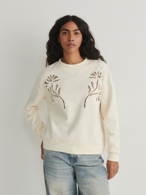 Cream Women's Reserved Sweatembroidery Detailing Sweatshirts | 65824JEGX