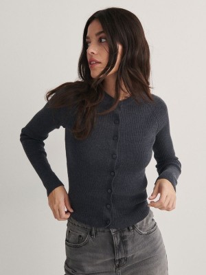 Dark Grey Women's Reserved Cotton Blend Cardigan Sweaters | 47319OPCL