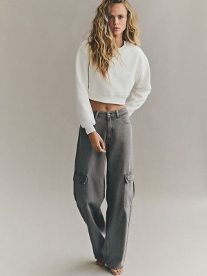 Dark Grey Women's Reserved Wide Leg Cargo Jeans | 64573UKWG