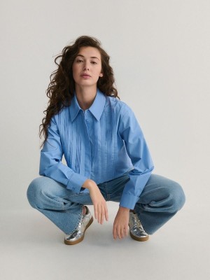 Light Blue Women's Reserved Pleated Shirts | 71402NHGE