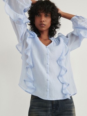 Light Blue Women's Reserved Ruffle Shirts | 57183CRVB