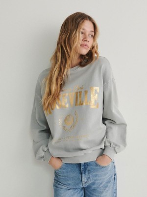 Light Grey Women's Reserved Sweatmetallic Print Sweatshirts | 18576HDPM