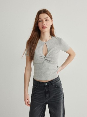 Light Grey Women's Reserved T-cut-out Neckline Detail Shirts | 75380VENO