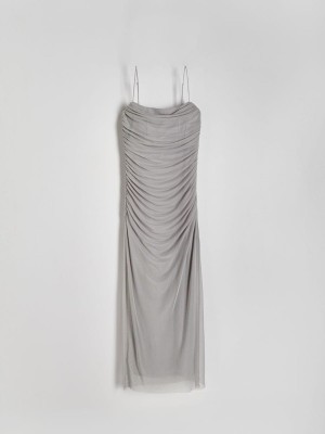 Light Grey Women's Reserved Tullegathered Details Dress | 37849QXAY