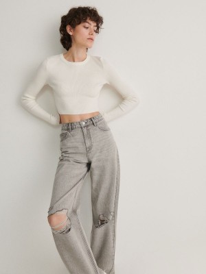 Light Grey Women's Reserved Wide Leg Distressed Jeans | 76218HYET