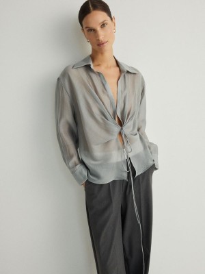 Light Grey Women's Reserved Wrap Front Tie Detail Shirts | 15904HXNK