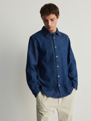 Navy Men's Reserved Regular Fit Denim Shirts | 18653ZDFS