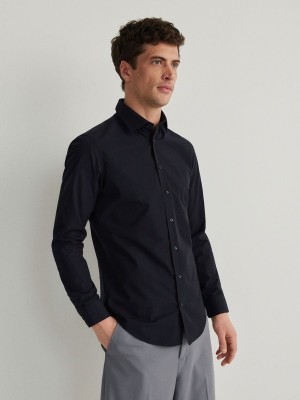 Navy Men's Reserved Slim Fit Shirts | 42607EWLM