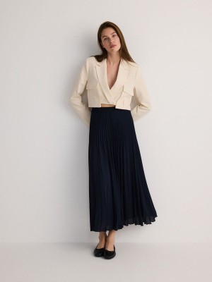 Navy Women's Reserved Pleated Maxi Skirts | 90876WGCF