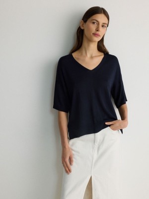 Navy Women's Reserved Viscose Rich Top Shirts | 13685IZWQ