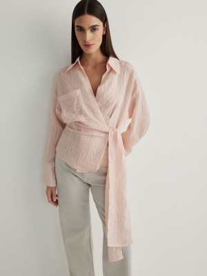 Pink Women's Reserved Wrap Front Tie Detail Shirts | 24056RXOI