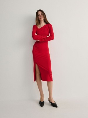 Red Women's Reserved Asymmetric Neckline Dress | 04278OXLU