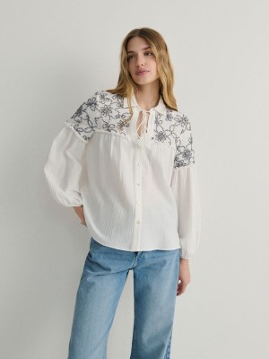 White Women's Reserved Decorative Embroidery Shirts | 98451ALFM