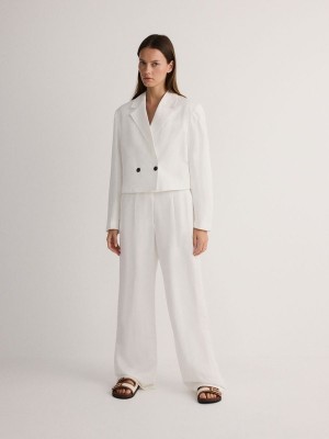 White Women's Reserved Linen And Viscose Blend Trousers | 34197BZKQ