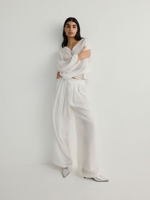 White Women's Reserved Lyocell Blend Trousers | 25840OHQZ