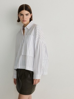 White Women's Reserved Oversized Stripe Shirts | 16598QDJV