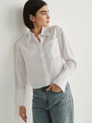 White Women's Reserved Shimmer Fabric Shirts | 07562NGPO