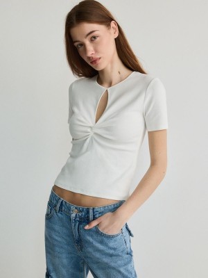 White Women's Reserved T-cut-out Neckline Detail Shirts | 67153FVPK