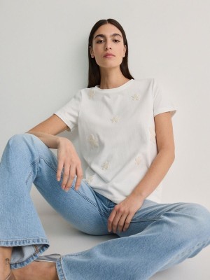 White Women's Reserved T-decorative Embroidery Shirts | 96287CEAJ