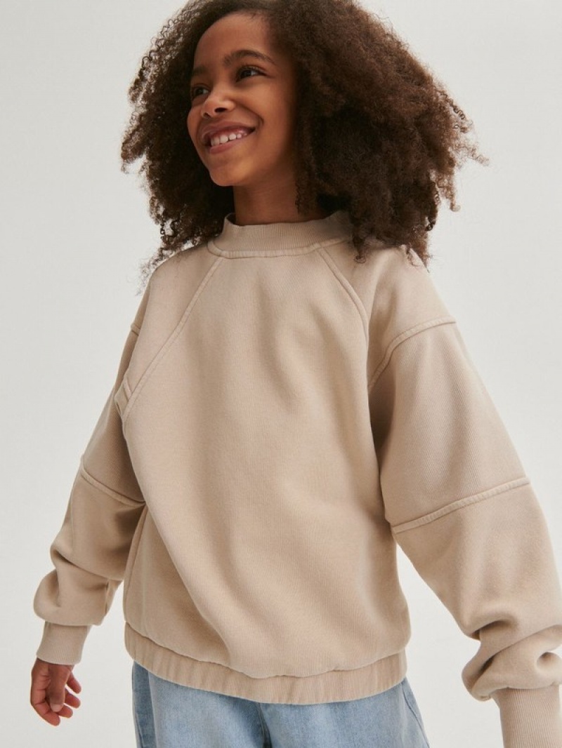 Beige Girls' Reserved Sweatstitching Sweatshirts | 80319MHNZ