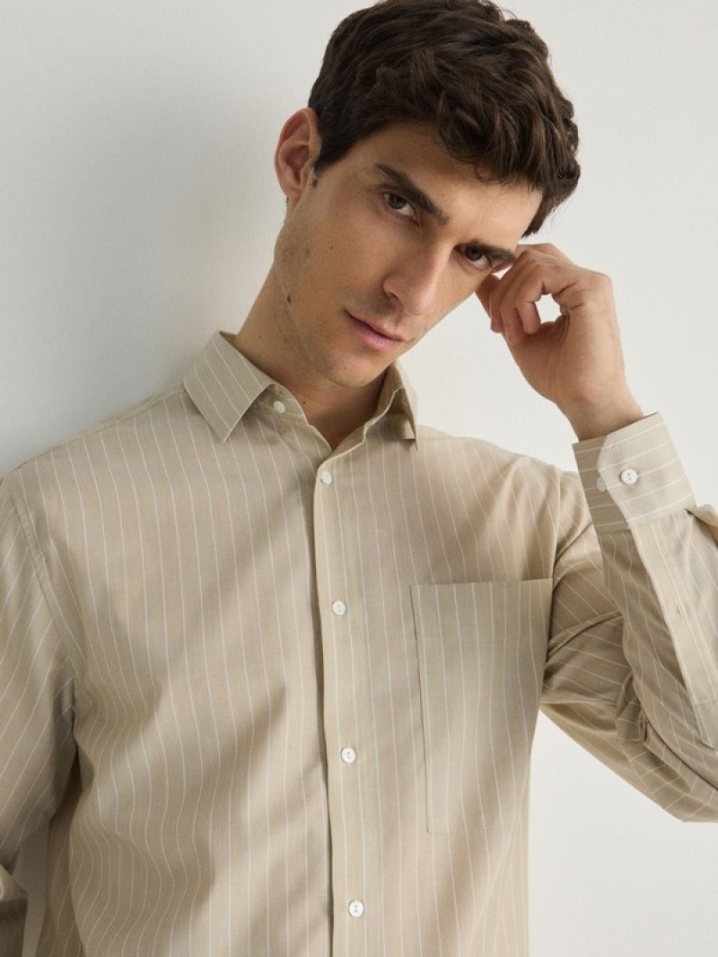 Beige Men\'s Reserved Comfort Fit Stripe Shirts | 94178XRDB