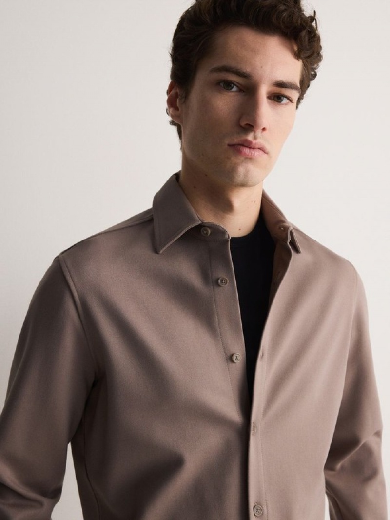 Beige Men's Reserved Slim Fit Viscose Shirts | 23159ABDJ