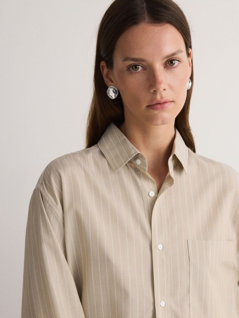 Beige Women's Reserved Comfort Fit Stripe Shirts | 45316QPIN