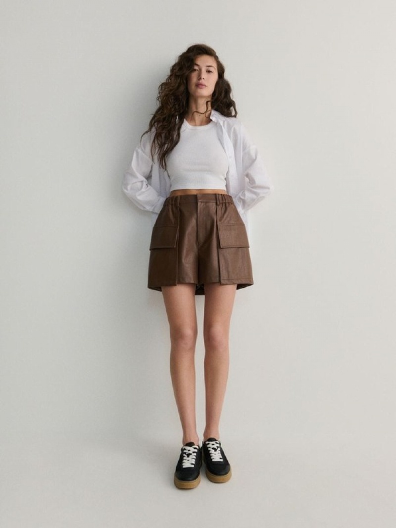 Beige Women's Reserved Faux Leather Shorts | 01652DLZT