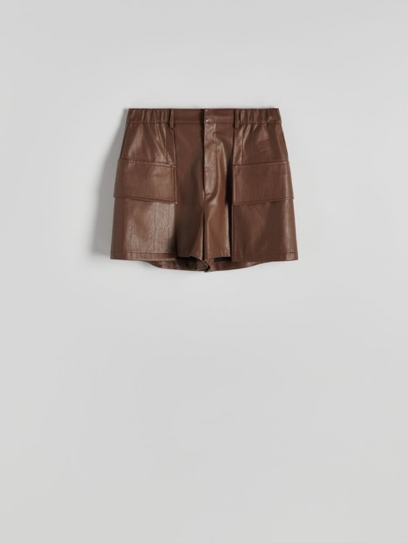 Beige Women's Reserved Faux Leather Shorts | 01652DLZT