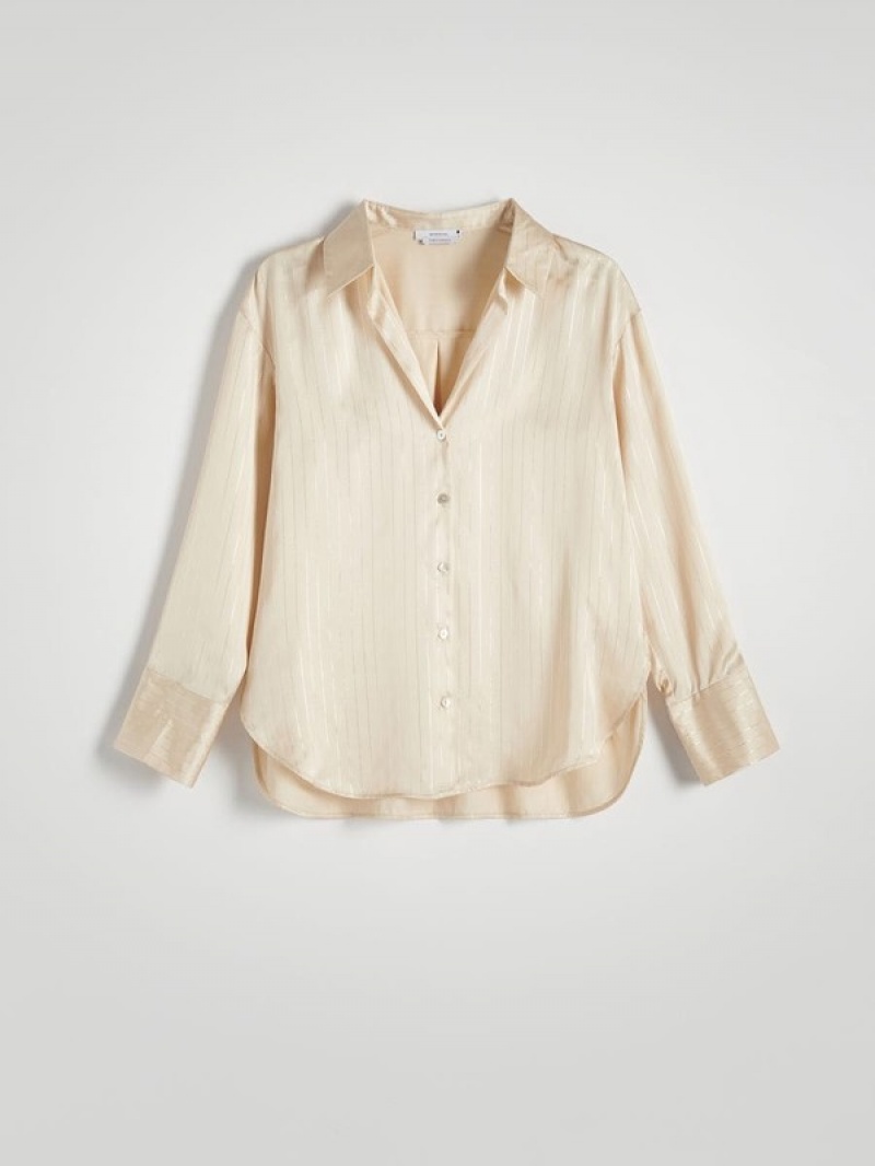 Beige Women's Reserved Metallic Stripes Shirts | 06582ZCGN