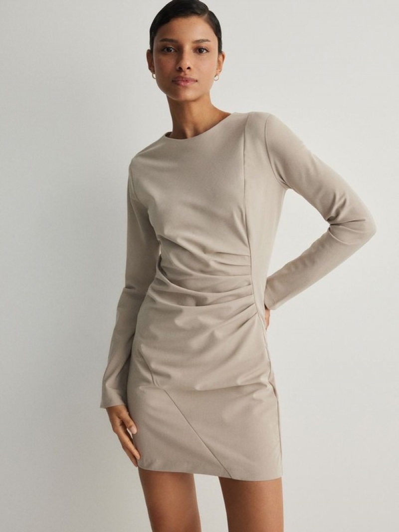 Beige Women's Reserved Minigathered Details Dress | 08137MWHZ