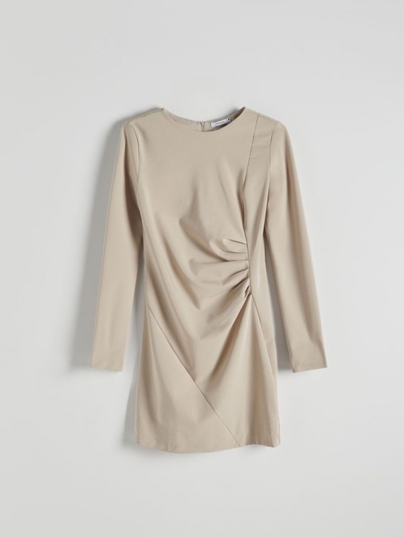 Beige Women's Reserved Minigathered Details Dress | 08137MWHZ