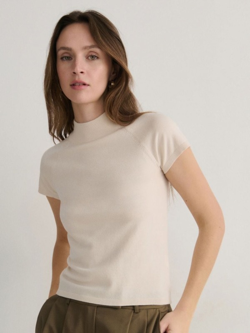 Beige Women's Reserved Mock Neck Shirts | 60397QAUT